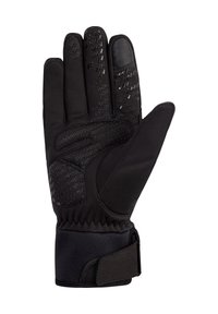 Schwarze Handschuhe mit einer strukturierten Grifffläche an Handfläche und Fingern, hergestellt aus einer Kombination von glatten und geprägten Materialien. Verstellbarer Handgelenkverschluss.