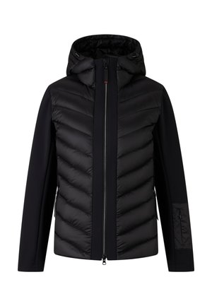 Czarna kurtka z pikowanym, ocieplanym przodem, gładkimi rękawami, zamkiem błyskawicznym, regulowanym kapturem oraz zamykaną na zamek kieszenią na ramieniu.
