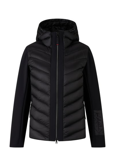 Czarna kurtka z pikowanym, ocieplanym przodem, gładkimi rękawami, zamkiem błyskawicznym, regulowanym kapturem oraz zamykaną na zamek kieszenią na ramieniu.