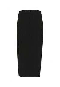 Jupe crayon noire avec une silhouette droite, texture lisse et une fermeture éclair dissimulée à l'arrière. Pas de motifs ou embellissements visibles.
