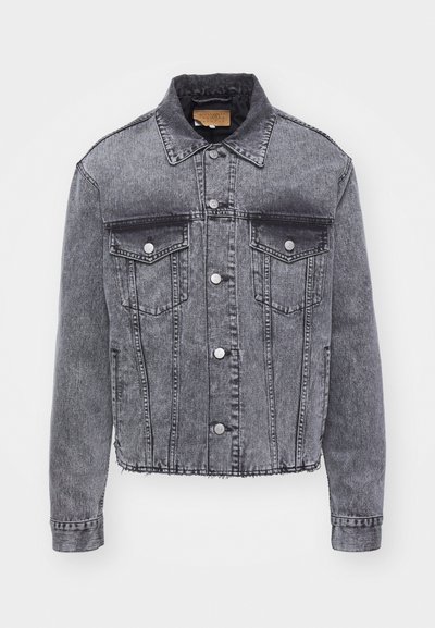Gray denim jacket with a collar, two chest pockets, silver buttons, and frayed hem. Features a faded wash and long sleeves.
