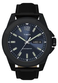 Montre analogique noire avec un cadran rond, un cadran texturé bleu, des index lumineux, un affichage de la date et un bracelet en cuir noir ; résistante à l'eau.