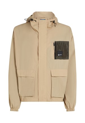 Beige lightweight jacket with a hood, featuring a mesh pocket on the left chest, two front pockets, and elasticized cuffs.