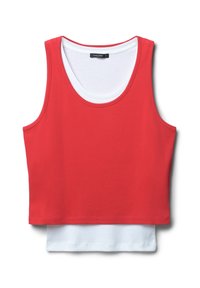 Top corto rosso con colletto bianco, realizzato in tessuto a coste; presenta spalline larghe e scollatura arrotondata. Design a strati all'orlo.