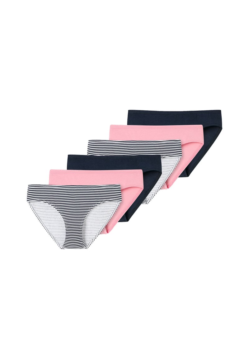 Fünf Paare Damenslip-Shorties in Pink, Navy und gestreiften Mustern. Hergestellt aus weichem Stoff mit einem klassischen Schnitt und elastischem Bund.