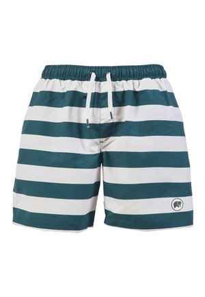 Striped swim shorts with an elastic waistband. Green and white stripes, lightweight fabric, featuring a logo patch on the lower right side.