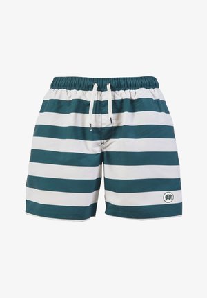 Striped swim shorts with an elastic waistband. Green and white stripes, lightweight fabric, featuring a logo patch on the lower right side.