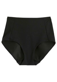 Sort højtaljet badetøjsbund med en glat tekstur, moderate benåbninger og detaljer ved sidesømmen for en sikker pasform. Ingen synlig hardware.