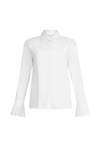 Weiße Bluse mit langen Ärmeln, klassischem Kragen, Knopfleiste vorne und gefältelten Glockenärmeln. Hergestellt aus glattem, leichtem Stoff.