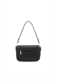 Borsa a spalla in pelle nera con tracolla singola, tasca anteriore con zip e zip dorata, e chiusura a patta su sfondo bianco.