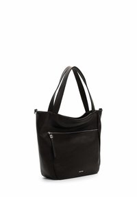 Zwarte leren draagtas met dubbele hengsels, gladde textuur, voorvak met rits en subtiele branding aan de onderkant. Minimalistisch ontwerp, gestructureerde vorm.