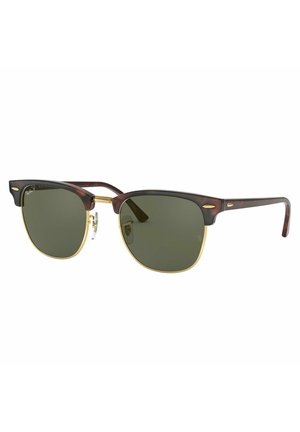 Occhiali da sole in acetato tartarugato e metallo dorato con lenti verdi. Design quadrato con ponte in metallo e sottili astine.