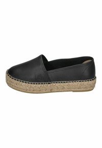 Black leather espadrille with jute rope sole, flat design, slip-on style, rounded toe, and subtle stitching detail along the edge.