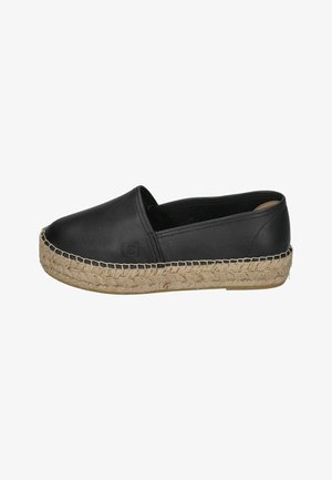 Black leather espadrille with jute rope sole, flat design, slip-on style, rounded toe, and subtle stitching detail along the edge.