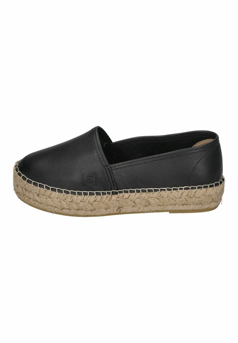 Black leather espadrille with jute rope sole, flat design, slip-on style, rounded toe, and subtle stitching detail along the edge.