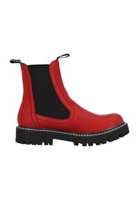 Botas Chelsea de cuero rojo con paneles laterales elásticos negros, lengüetas para tirar, suelas de goma texturizadas gruesas y costuras blancas en la suela exterior.