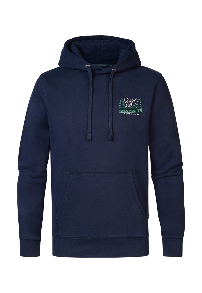 Sudadera azul marino con cordones, bolsillo delantero y gráfico de montaña verde con árboles. Hecha de tela suave, con puños y dobladillo acanalados.