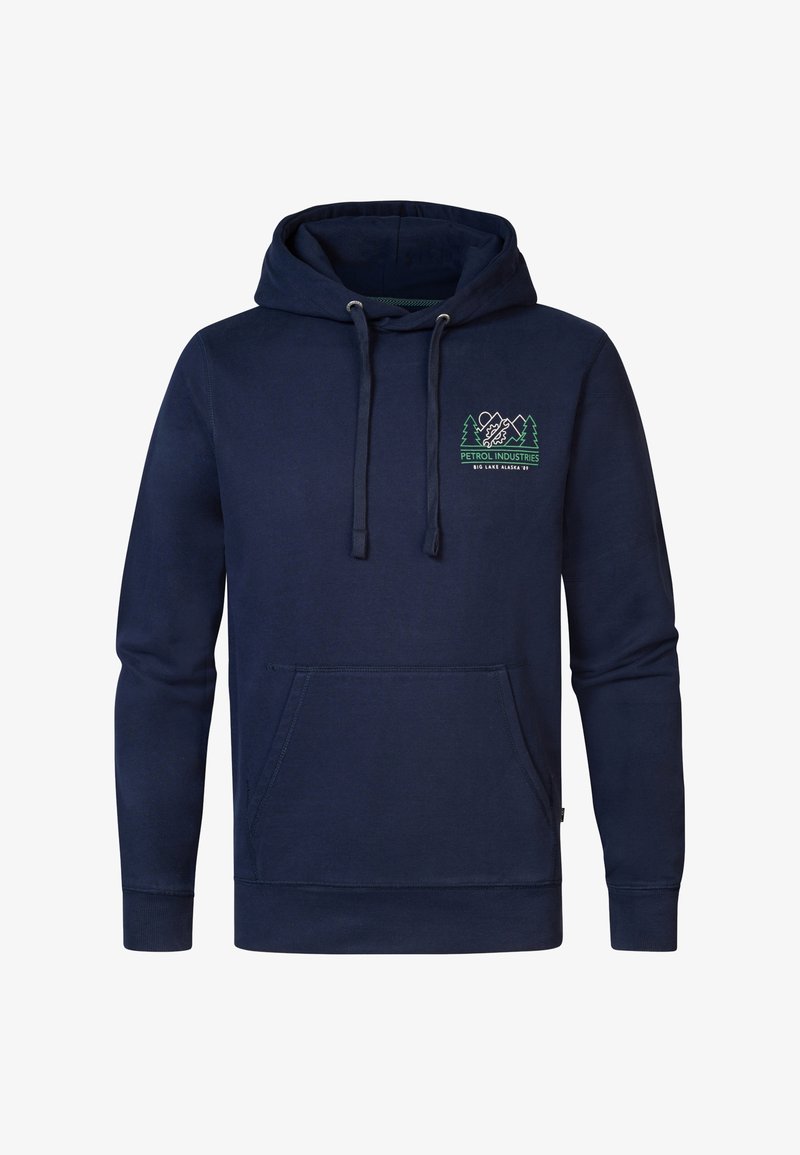 Sudadera azul marino con cordones, bolsillo delantero y gráfico de montaña verde con árboles. Hecha de tela suave, con puños y dobladillo acanalados.