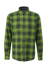 Green and navy plaid long-sleeve shirt, button-up design with a classic collar, featuring white grid lines and a soft fabric texture.