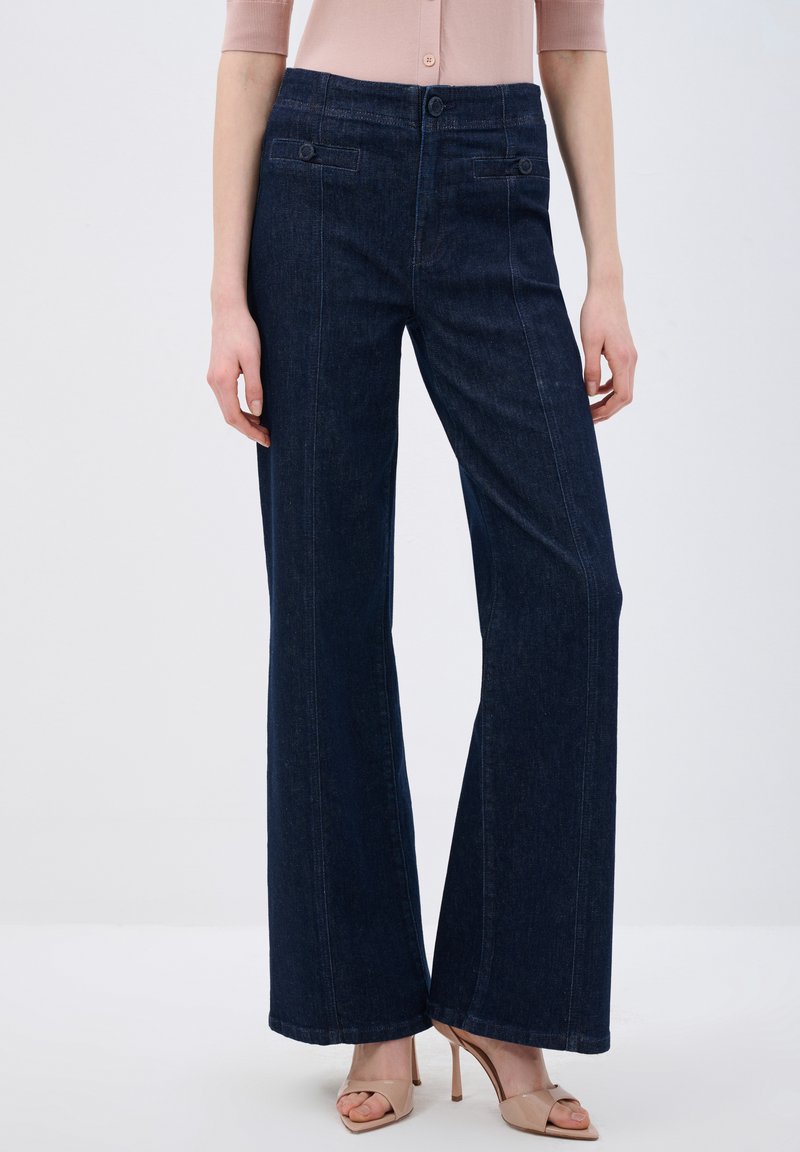 Jeans de mezclilla de pierna ancha en azul oscuro con bolsillos frontales, detalles de costura sutiles y una textura suave; combinados con sandalias de tacón alto beige.