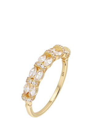 Gold ring with marquise and round clear stones set in alternating clusters along the band, marked with "925" inside.