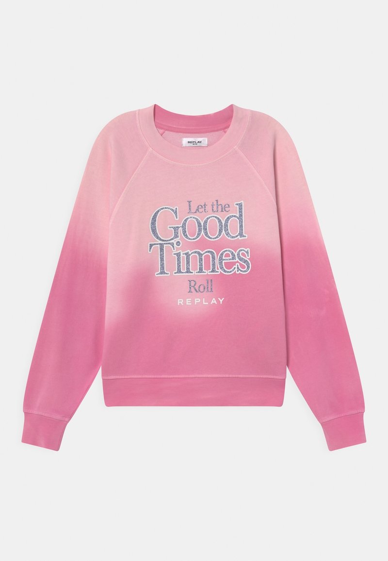 Sweat-shirt dégradé rose avec manches raglan. Présente un texte argenté : "Laissez les bons moments rouler" et "REPLAY" au centre. Texture douce.