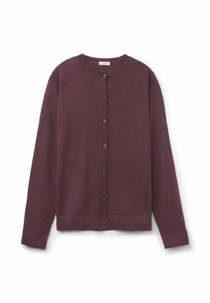 Bordeauxfarbener Cardigan aus weichem Material, mit rundem Ausschnitt, Knopfleiste und gerippten Bündchen sowie Saum für einen figurbetonten Look.
