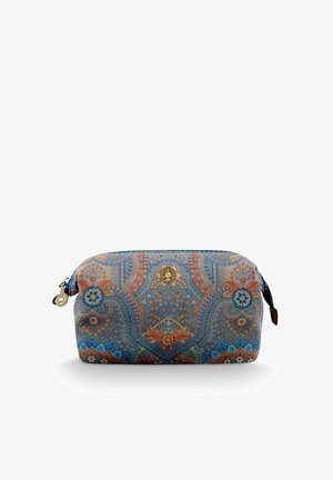 Patroon make-up tas in blauw, oranje en bruin. Kenmerkt bloemenontwerpen en een gouden hardwareaccent aan de voorkant. Rits sluiting.