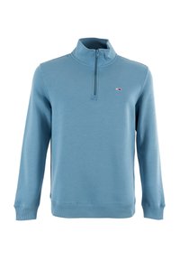 Felpa azzurra con colletto alto e zip a un quarto, realizzata in tessuto morbido. Presenta polsini e orlo a coste, con un piccolo logo sul petto.