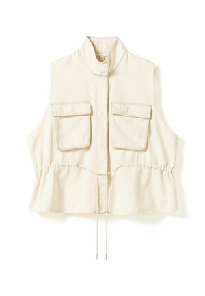 Ärmellose cremefarbene Weste mit hohem Kragen, zwei aufgesetzten Taschen vorne und verstellbarem Tunnelzug an der Taille.