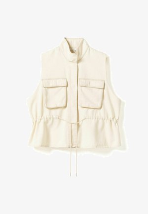 Ärmellose cremefarbene Weste mit hohem Kragen, zwei aufgesetzten Taschen vorne und verstellbarem Tunnelzug an der Taille.