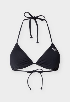 Μπικίνι τοπ σε μαύρο χρώμα με τριγωνικό σχήμα, ρυθμιζόμενους δεσίματα στον λαιμό και στην πλάτη, με μικρό λευκό λογότυπο στο δεξί μέρος.