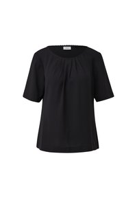 Zwarte blouse met korte mouwen en een ronde halslijn, met subtiele plooien aan de voorkant en een gladde, lichtgewicht stof. Geen zichtbare patronen.
