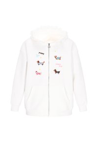 Hanorac alb cu fermoar, cu glugă cu volane, broderii colorate cu câini și textul "puppy" și "Mini Pop", și buzunare frontale.