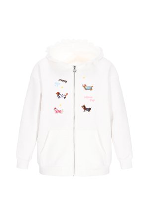 Valkoinen vetoketjullinen huppari, jossa on röyhelöinen huppu, värikkäitä kirjailtuja koiria ja tekstit "puppy" ja "Mini Pop", sekä etutaskut.