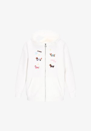 Weißer Kapuzenpullover mit Reißverschluss und einem gerafften Kapuzenrand, verziert mit bunten gestickten Hunden sowie den Texten "puppy" und "Mini Pop" und mit Fronttaschen.