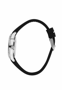 Orologio argento con cassa tonda, cinturino in gomma nera, corona texturizzata e quadrante minimalista con accenti rossi.