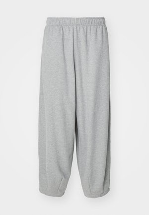 Light gray, loose-fitting sweatpants made of soft fabric. Elastic waistband and cuffs at the ankles. Simple and unadorned design.