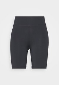 Czarne, wysokiej talii spodenki rowerowe z gładkiego, elastycznego materiału o dopasowanym kroju, bez widocznych wzorów czy ozdób.