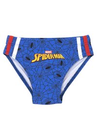 Pantaloni da nuoto blu con design di Spider-Man, con motivi a ragno e rete nera, strisce rosse e bianche, e un logo giallo.