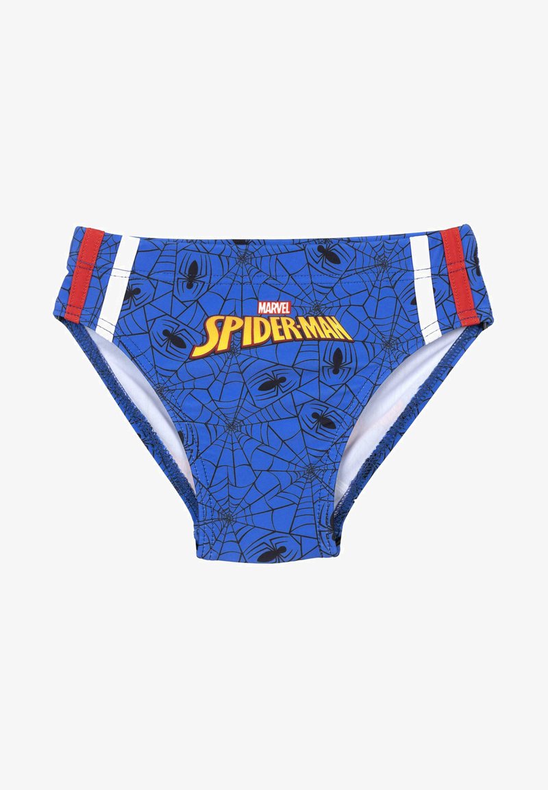 Pantaloni da nuoto blu con design di Spider-Man, con motivi a ragno e rete nera, strisce rosse e bianche, e un logo giallo.
