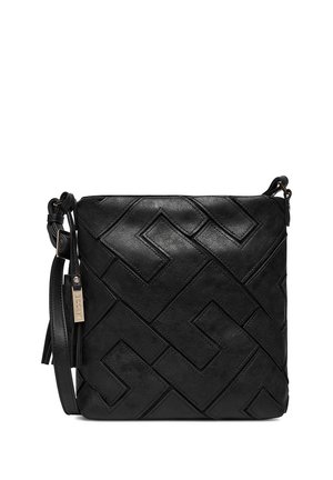 Schwarze Umhängetasche mit geprägtem, geometrischem Muster, verstellbarem Riemen und kleinem Seitentaschen-Detail.