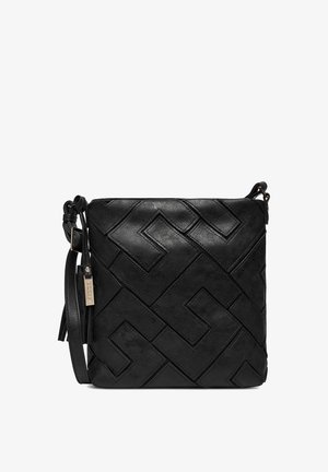 Schwarze Umhängetasche mit geprägtem, geometrischem Muster, verstellbarem Riemen und kleinem Seitentaschen-Detail.