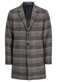 Grå ullkappa med ett rutmönster i svarta, vita och rosa nyanser. Anmärkningsvärda detaljer inkluderar slagkrage och tre framknappar.