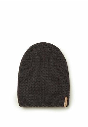 Sort tekstureret strikket beanie med et lille Falconeri-mærke i den nederste kant, vist på en hvid baggrund.