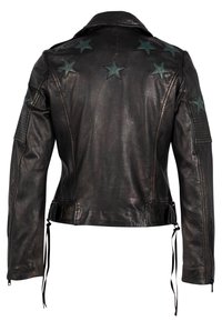 Schwarze Lederjacke mit figurbetontem Design, grünen Sternakzenten auf der Rückseite, gerippten Schulterpolstern und seitlichen Schnürdetails.