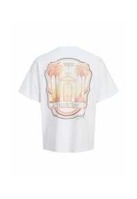 T-shirt blanc avec un graphisme style vintage de l'entrée d'une villa avec des palmiers et le texte "Villa Del Mare" au dos.
