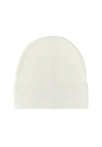 Balta megzta beanie kepurė su sulenkta krašto dalimi. Minkšta tekstūra ir apvalus viršus, tinkanti kasdienei aprangai. Klasikinis dizainas be matomų raštų ar detalžių elementų.