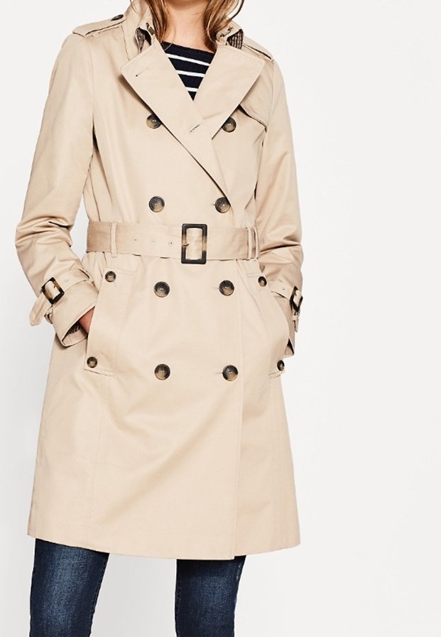 Femme portant un trench-coat beige à double boutonnage avec ceinture et détails de boutons, associé à un jean foncé et un haut rayé.