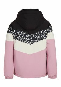 Giacca con cappuccio in tessuto a zigzag con colori nero, bianco e rosa. La parte superiore presenta dettagli floreali e polsini elastici.